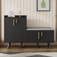 Sweiko Schoenenkast - 4 Deurs - Gestoffeerde Zitting - Asymmetrische Metalen Handgreep - 120*34*82cm - Zwart