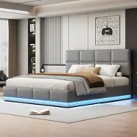 Sweiko Tweepersoonsbed - 180x200 cm - LED-verlichting - Opbergruimte - Kunstleer - Grijs