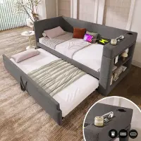 Sweiko Slaapbank - 90*190cm - met Uitschuifbaar bed - USB/Type-C - Bekerhouder - Linnen - Grijs