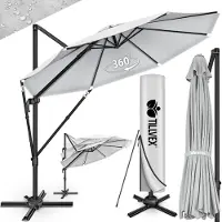 Tillvex Premium aluminium parasol, 330 cm, met afdekking en windbescherming, zweefparasol, 6-voudig verstelbaar, met zwengel, tuinparasol, 360 graden draaibaar, kantelbaar, UV50+ waterdicht, grijs