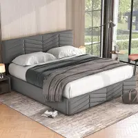 Sweiko Stoffering Bed, Dubbel Bed, Hydraulisch Functioneel Bed, Fluweel, Stripe Style, Continental Bed, Hoogte Verstelbaar Hoofdbord, 160 x 200, Grijs