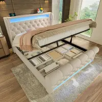 Sweiko Gestoffeerd bed - 140 x 190 cm - LED-verlichting - Opbergruimte - USB/Type-C - Velvet - Beige