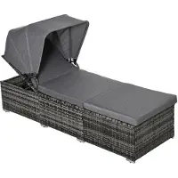 Sweiko Polyrattan Tuinligstoel - 195 x 65 x 40 cm - met luifel - Verstelbaar tuinbed - met kussen - Grijs