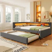 Sweiko Slaapbank - 140 x 200 cm - LED-verlichting - met uitschuifbaar bed - USB Type-C - linnen - Grijs