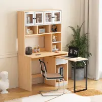 Sweiko Bureau - 110*55*180 cm - Met laden + legplanken - Hoekbureau - 2 opbergkasten - Zwenkbaar tafelblad - Wit + natuurlijke