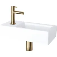 Differnz Helios Fonteinset 37,5x18,5x9 cm – Wastafel Keramiek Wit – Met Koudwaterkraan Links Recht Mat Goud – Fonteinset Toilet – Incl. Sifon & Always-Open Afvoerplug – Wandmontage