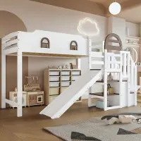 Sweiko Hoogslaper - 90x200cm - met Glijbaan - 2 opbergkasten - Den + MDF - Wit + bruin