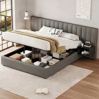 Sweiko Tweepersoonsbed - 160 x 200 cm - hydraulisch opbergbed - 2 nachtkastjes - houten lattenbodem - linnen - grijs