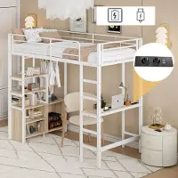 Sweiko Hoogslaper 90*200cm , Bureau, USB-poort, Opbergkast, Zonder matras, Wit