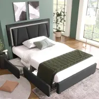 Sweiko Gestoffeerd bed met LED verlichting en 2-laden, 90x200cm, in hoogte verstelbaar hoofdeinde, eenpersoonsbed Opbergbedden Bed frame, Houten lattenbod, Grijs (Zonder matras)