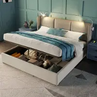 Sweiko Gestoffeerd bed Dubbele opbergbeddoos Leeslampje met USB-oplaadfunctie Hoofdbord, Opslagbedden Bedframe van linnen Jeugdbed 140x200 met lattenrost (Zonder matras)
