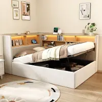 Sweiko Slaapbank - 90x200 cm - Opbergruimte - LED-verlichting - USB-poorten - Velvet - Beige