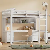Sweiko Hoogslaper - 90 x 200 cm - met Bureau - Boekenplank - 4 lades - Wit (Geen stoelen)