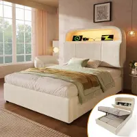 Sweiko Gestoffeerd bed - 90x200 cm - LED-verlichting - USB/Type-C - Opbergruimte - Velvet - Beige