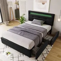 Sweiko Gestoffeerd bed met LED verlichting en 2-laden, 90x200cm Eenpersoonsbed, Verstelbaar hoofdeinde, Houten voet, Zwart