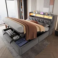 Sweiko Gestoffeerd bed - 180 x 200 cm - Opbergruimte - Met oplaadpunten - LED-verlichting - Velvet - Grijs