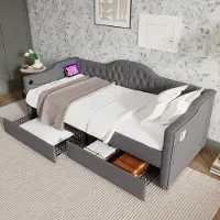 Sweiko Zacht Kussenbed, Slaapbank, Opbergbed met USB C-type Oplaadfunctie bedframe en 2 90x190cm Grijze linnenlades (zonder matras)