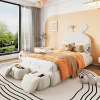 Sweiko Kinderbed - 90x200 cm - Met verstelbare lichtsterkte - Konijnenoren - 2 opbergbankjes - Lattenbodem - Fluweel - Beige