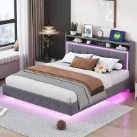 Sweiko Tweepersoonsbed - 160×200 cm - USB-aansluiting - LED-verlichting - Zwevend bed - Linnen - Grijs