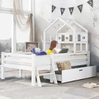 Sweiko Huisbed Kinderbed met ladder en lades, incl. lattenbod, loftbed massief hout met valbeveiliging 90x200cm Wit(Zonder matras)