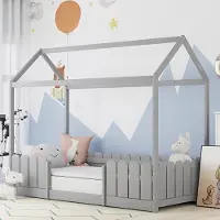 Sweiko huisbed 90x200 cm, multifunctioneel houten kinderbed voor jongens en meisjes, met valbescherming en plat noedelsbedframe, grijs (zonder matras)