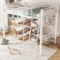 Sweiko Hoogslaper - 90*200 cm - Metalen bed - Zonder matras - Bureau + plank - Wit