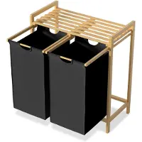 NaiZy Wasmand van Oxford-weefsel, 2 x 36 liter, 2 vakken, afneembare wasverzamelaar met plank en bamboeframe, waszak, uittrekbaar, efficiënte wasopslag voor bijkeuken, zwart