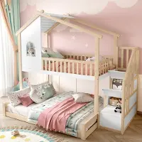 Sweiko Stapelbed - 90x200/140x200cm - Opbergladder - Huisontwerp - Natuurlijke + wit