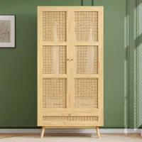 Sweiko Garderobe met paal, Dubbele Deurkast, Slaapkamer,Rotan gaas,Woonkamer, met bodemflip cover, spaanplaat+PE rotan,Houten kleur