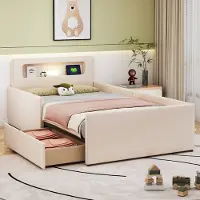 Sweiko Kinderbed 90*200 cm, met nachtlampje en USB-oplaadpoort, met opbergvak, kunstlederen stof, beige