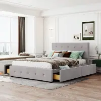 Sweiko 140 x 200 cm Gestoffeerd bed, Tweepersoonsbed met lades, Vlak noedelsframe en rugleuning, huidvriendelijk fluwelen tweepersoonsbed voor volwassenen en tieners, Grijs (matras niet inbegrepen)