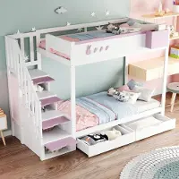 Sweiko Stapelbed - 90 x 200 cm - Konijn- en wortelontwerp - Opbergruimte - 2 lades - Kinderbed - Wit + Roze