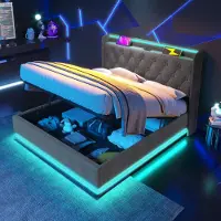 Sweiko Tweepersoonsbed - 140 x 200 cm - LED-verlichting - Linnen - Hydraulische opbergruimte - USB/Type-C - Grijs