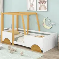 Sweiko Autobed, Kinderbed met MDF wielen, frame in dennenhout, Wit en natuurlijk (90x200cm)