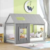Sweiko 90 x 200cm Kinderbed, Huisvormig kinderbed, Eenpersoonsbed met Dak en Raam, Grijs