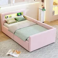 Sweiko Kinderbed - 90 x 200 cm - LED-verlichting - USB-oplaadpoort - Opbergruimte - Velvet - Roze