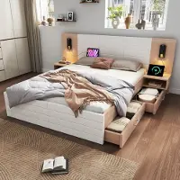 Sweiko Tweepersoonsbed - 180×200cm - 2 laden - Leeslampje - USB-oplaadfunctie - 2 nachtkastjes - Zonder matras - Natuurlijk+Wit