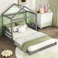 OKWISH Huisbed 140x200cm – Kinderbed In Huisvorm Met Lattenbodem – Zonder Matras – Speels Slaapbed Voor Kinderkamer – Grenenhout – Grijs