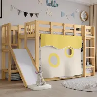 Sweiko Stapelbed - 90x200cm - Met gordijn - Glijbaan - Kinderbed - MDF + Grenenhout - Natuurlijke