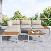 Sweiko Tuinloungeset - 4 zits - Massief houten tafelblad - Gestoffeerde rugleuning - Beige
