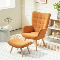 Sweiko Fauteuil - Hoge rug - Kruk - Corduroy - Houten poten - Bruin