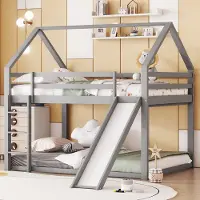 Sweiko Kinderbed Huisbed Stapelbed met glijbaan en ladder, Kinderkamer Hoog dubbel stapelbed, Grijs, 140x200cm