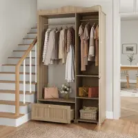OKWISH Garderobekast Met Spiegel En Open Kledingroede - Slaapkamer En Hal - MDF Eiken - 115,5x38,5x194,5 Cm