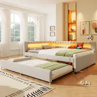 Sweiko Slaapbank - 140 x 200 cm - LED-verlichting - met uitschuifbaar bed - USB Type-C - linnen - Beige