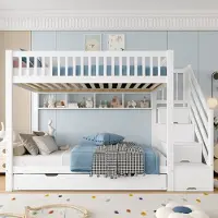 Sweiko Stapelbed - 90x200 cm - met Uitschuifbed - Boekenrek + Kledingkast - Wit