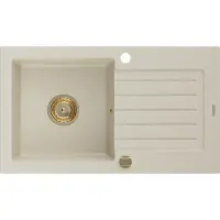 Mexen Pablo granieten spoelbak met 1 bak en afdruiprek 752 x 436 , beige, gouden sifon - 6510751010-69-G