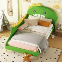 Sweiko 90*200cm Kinderbed, Cartoon Dinosaurus vorm, Tweepersoonsbed, Plat bed, PU materiaal, Groen