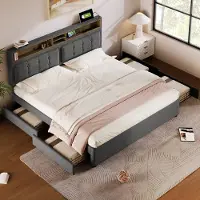 Sweiko Tweepersoonsbed met 4-lades en USB, Type-C Stopcontact, Kussen 160x200cm, in hoogte verstelbaar hoofdeinde, houten onderstel,Grijs (Zonder matras)