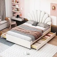 Sweiko Gestoffeerd bed 140 x 200 cm, met Lades, Bedplaats met Bloemhoofdeinde en Vlak noedelsframe, met opbergvak, jeugdbed volwassen bed twin, huidvriendelijk fluwelen stof, Beige(geen matras)