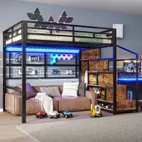 Sweiko Hoogslaper - 140 x 200 cm - IJzeren bedframe - Kledingkast - LED-verlichting - Zwart (Zonder bank)